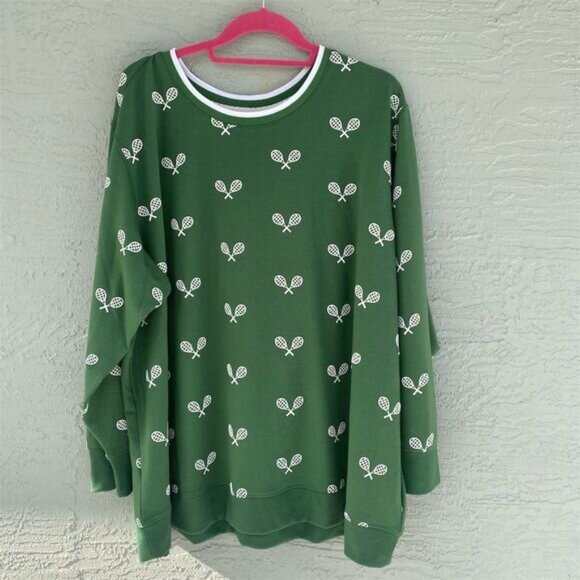 Jane + Delancey Women's 2X Green Tennis Racquet Print Sweatshirt - Picture 2 of 9